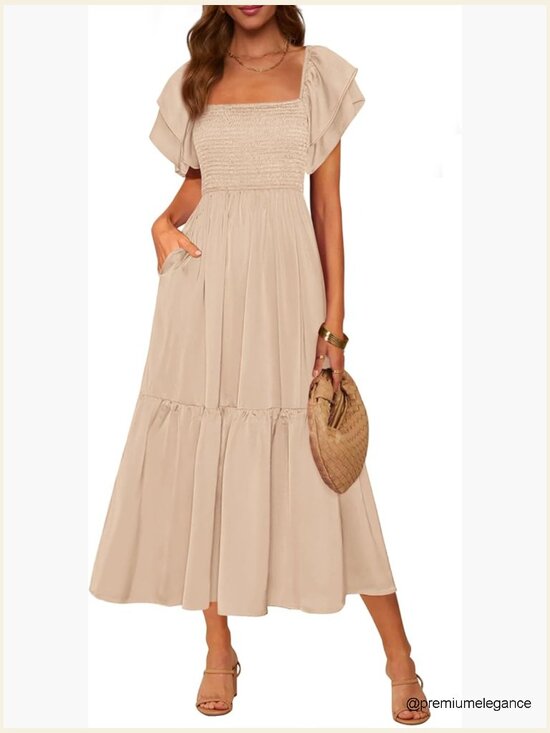 Dresses & Skirts - Summer Midi Dress Square Neck Ruffle Sleeve Smocked Waist A-Line Wedding Guest